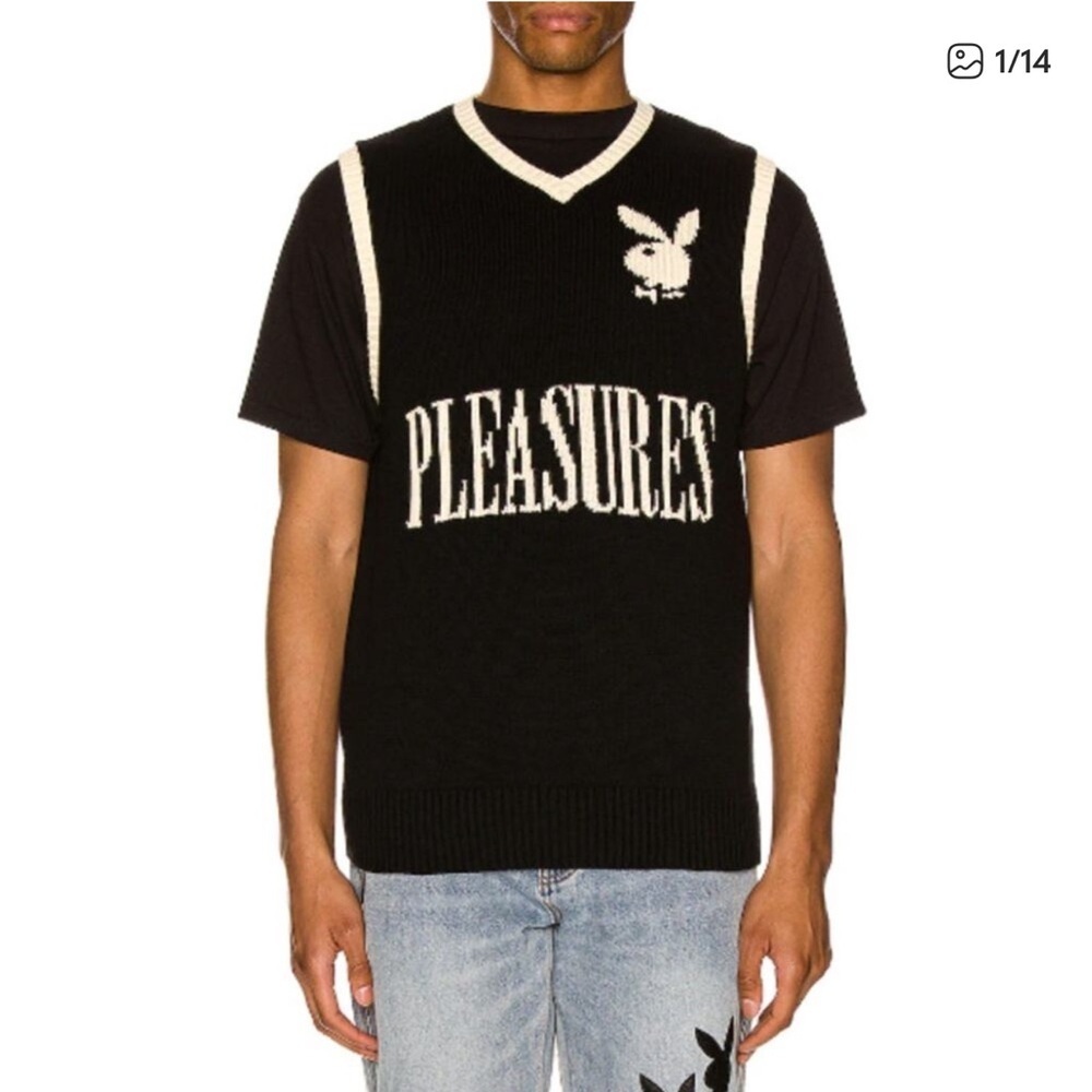 PLEASURES x Playboy Sweater Vest Vintage V-Neck Sleeveless Logo Pullover Sz L